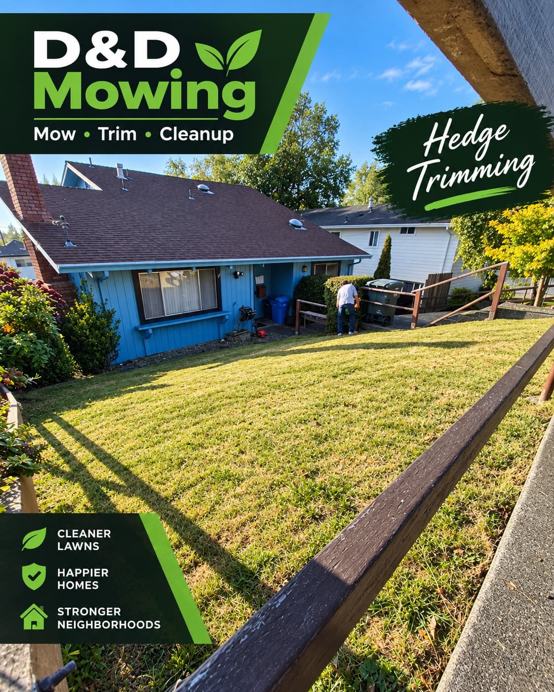 D & D Mowing hedge trimming project on a sloped residential lawn