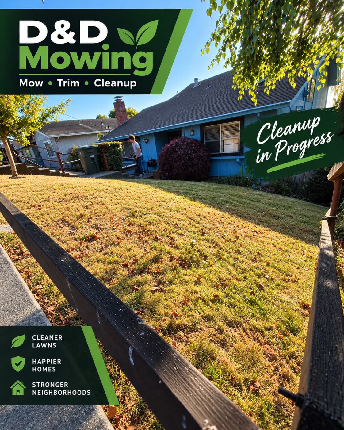 D & D Mowing yard cleanup in progress on a residential lawn