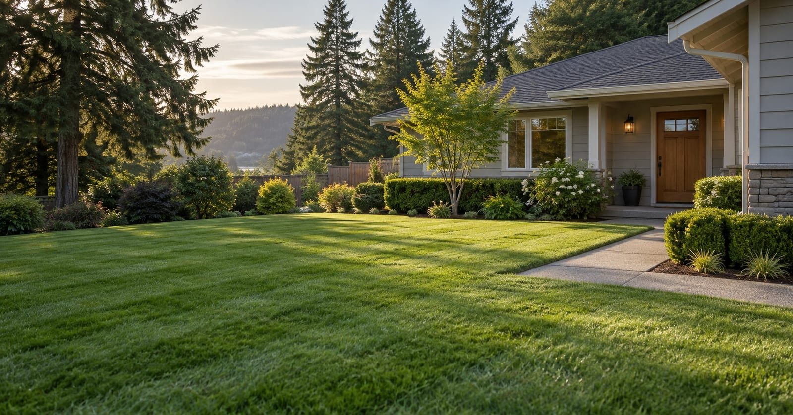 Freshly mowed residential lawn with clean edging and neatly maintained hedges